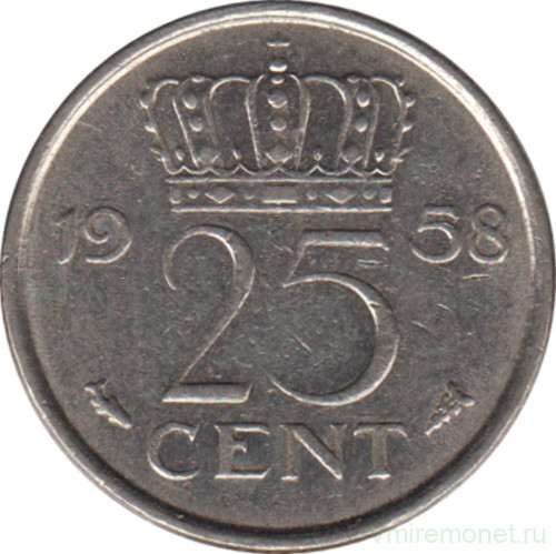 Монета. Нидерланды. 25 центов 1958 год.