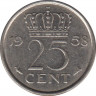 Монета. Нидерланды. 25 центов 1958 год. ав.