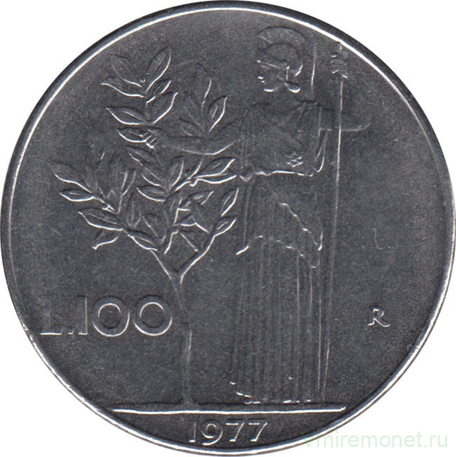 Монета. Италия. 100 лир 1977 год.