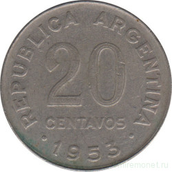 Монета. Аргентина. 20 сентаво 1953 год.