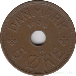 Монета. Дания. 5 эре 1930 год.