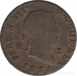 Монета. Испания. 2 мараведи 1828 год.