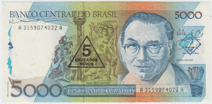 Банкнота. Бразилия. 5000 крузадо (5 новых крузадо) 1989 год. Тип 217а.