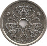 Аверс. Монета. Дания. 1 крона 2001 год.