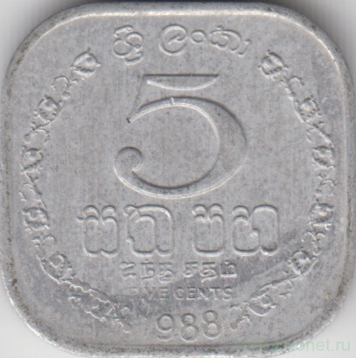 Монета. Шри-Ланка. 5 центов 1988 год.