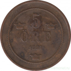 Монета. Швеция. 5 эре 1881 год.