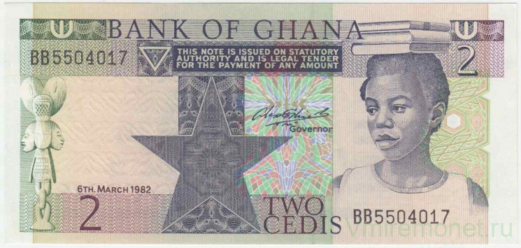 Банкнота. Гана. 2 седи 1982 год. Тип 18d.