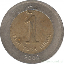 Монета. Турция. 1 лира 2005 год.