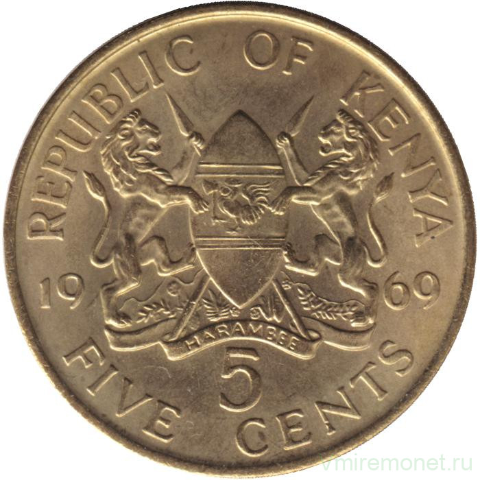 Монета. Кения. 5 центов 1969 год.