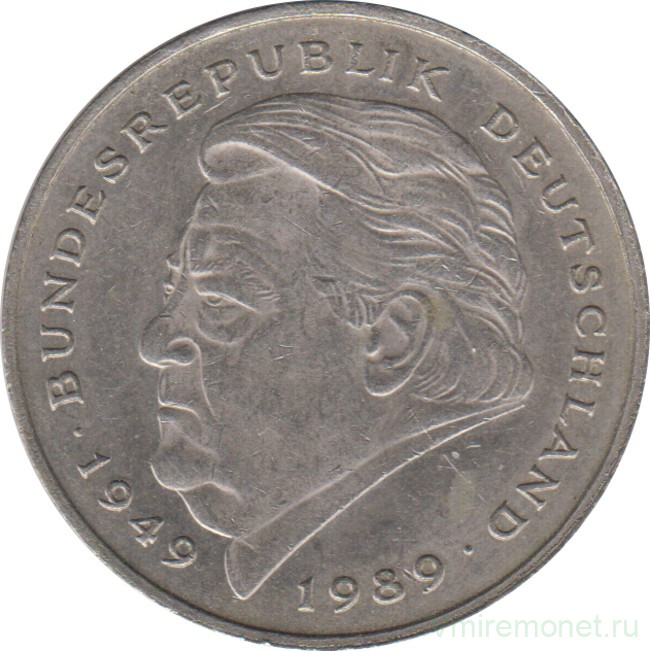 Монета. ФРГ. 2 марки 1992 год. Франц Йозеф Штраус. Монетный двор - Карлсруэ (G).