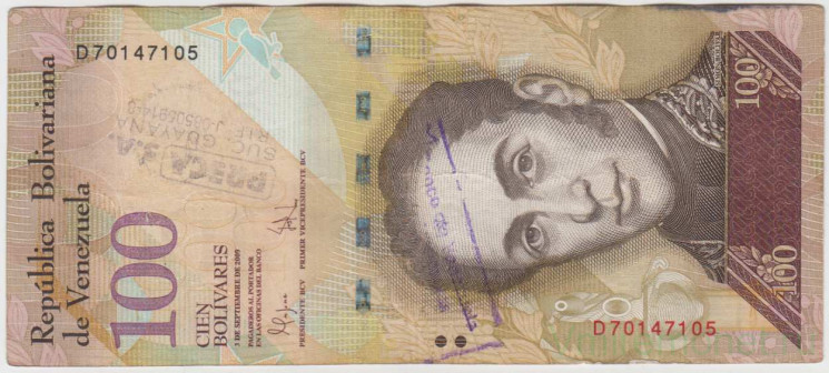 Банкнота. Венесуэла. 100 боливаров 2009 год. Тип 93c. (две печати).