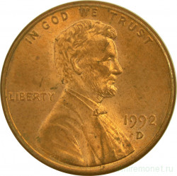 Монета. США. 1 цент 1992 год. Монетный двор D.