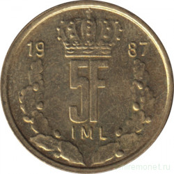 Монета. Люксембург. 5 франков 1987 год.