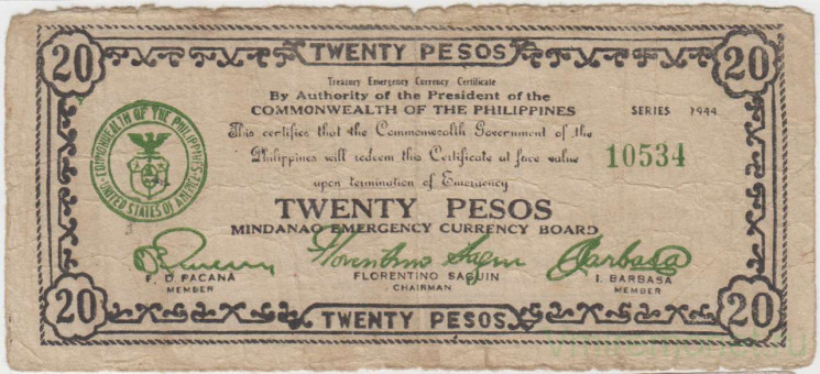 Банкнота. Филиппины. Провинция Минданао. 20 песо 1944 год. Тип S489c.