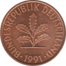  Монета. ФРГ. 2 пфеннига 1991 год. Монетный двор - Гамбург (J). ав.