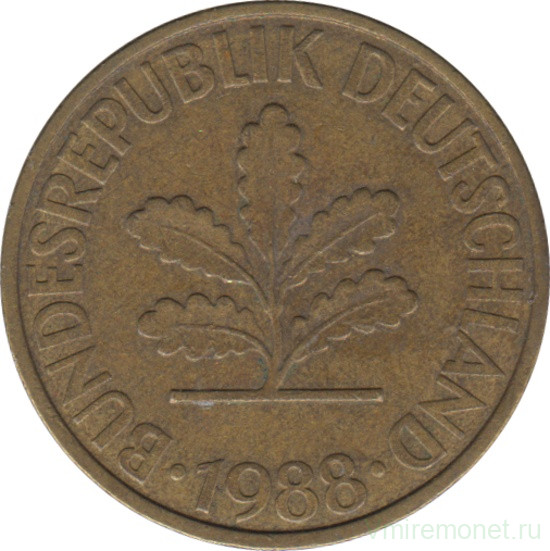 Монета. ФРГ. 10 пфеннигов 1988 год. Монетный двор - Гамбург (J).