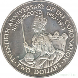 Монета. Острова Кука. 2 доллара 1973 год. 20 лет коронации Елизаветы II.