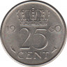 Монета. Нидерланды. 25 центов 1960 год. ав.
