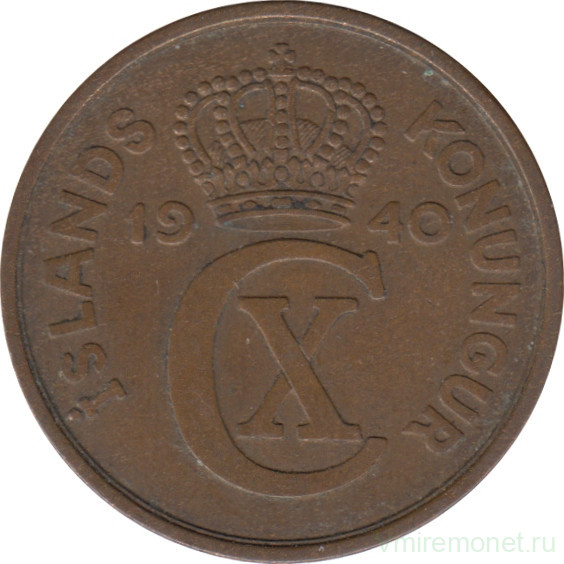 Монета. Исландия. 5 аурар 1940 год.
