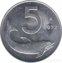 Монета. Италия. 5 лир 1972 год.