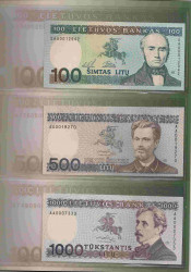 Банкнота. Литва. Банковский набор банкнот (2017 г.) 100 лит 1994 год, 500 и 1000 лит 1991 год.