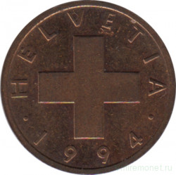Монета. Швейцария. 1 раппен 1994 год.