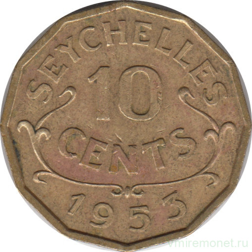 Монета. Сейшельские острова. 10 центов 1953 год.
