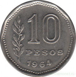 Монета. Аргентина. 10 песо 1964 год.