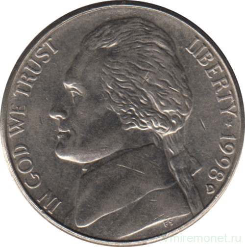 Монета. США. 5 центов 1998 год. Монетный двор D.