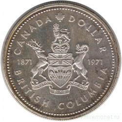 Монета. Канада. 1 доллар 1971 год. 100 лет присоединения Британской Колумбии. Серебро.