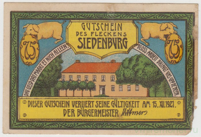 Бона. Нотгельд. Германия. Город Зиденбург. 75 пфеннигов 1921 год. Вариант 1223.1.1.