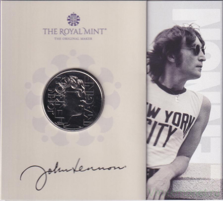 Монета. Великобритания. 5 фунтов 2025 год. Джон Леннон. В буклете.