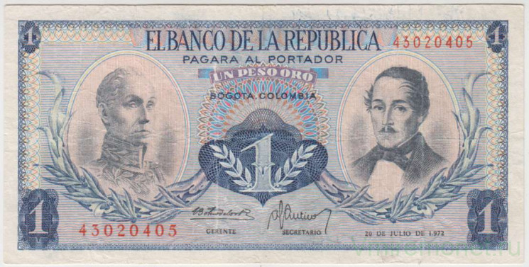 Банкнота. Колумбия. 1 песо 1972 год. Тип 404е.
