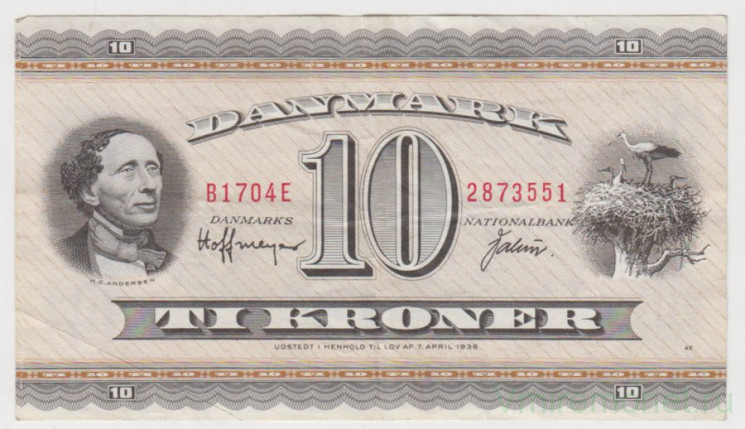 Банкнота. Дания. 10 крон 1936 год.