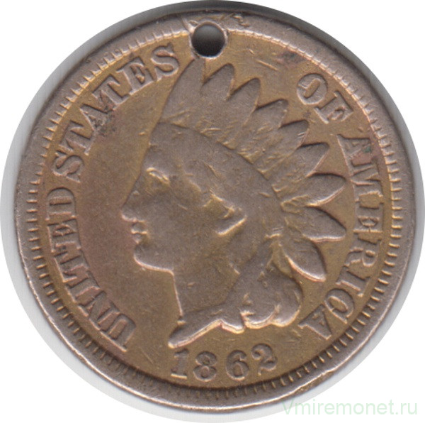 Монета. США. 1 цент 1862 год.