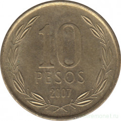 Монета. Чили. 10 песо 2007 год.
