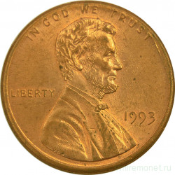 Монета. США. 1 цент 1993 год.