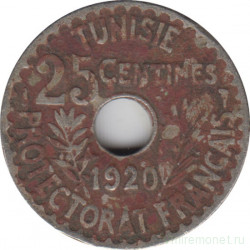 Монета. Тунис. 25 сантимов 1920 год.