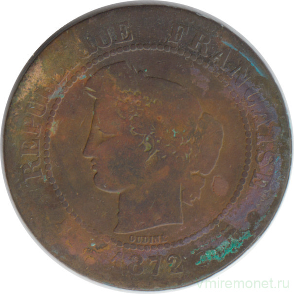 Монета. Франция. 5 сантимов 1872 год. А. 