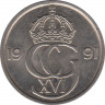 Аверс. Монета. Швеция. 50 эре 1991 год.