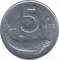 Монета. Италия. 5 лир 1970 год.