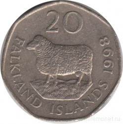 Монета. Фолклендские острова. 20 пенсов 1998 год.