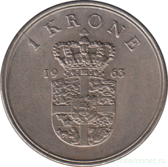Монета. Дания. 1 крона 1963 год.
