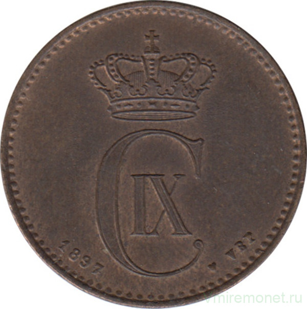 Монета. Дания. 2 эре 1897 год .