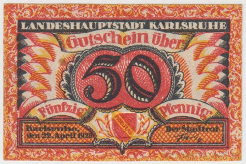 Бона. Нотгельд. Германия. Город Карлсруэ. 50 пфеннигов 1920 год.