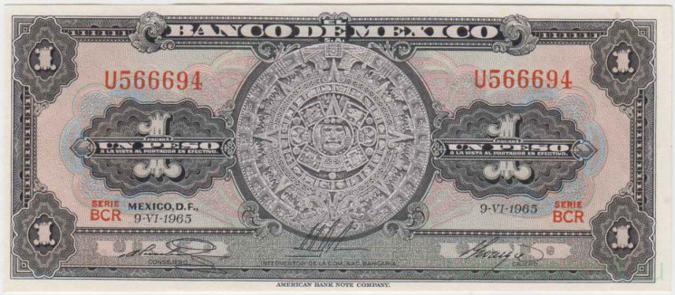 Банкнота. Мексика. 1 песо 1965 год. Тип 59i.