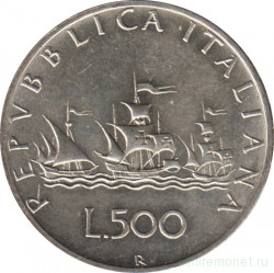 Монета. Италия. 500 лир 1964 год. Корабли Колумба.