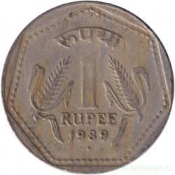 Монета. Индия. 1 рупия 1989 год. "♦" - Бомбей, гурт - рубчатый с желобом.