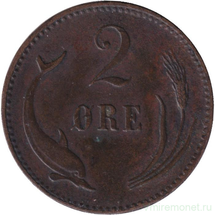 Монета. Дания. 2 эре 1875 год.