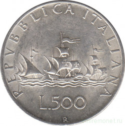 Монета. Италия. 500 лир 1958 год. Корабли Колумба.